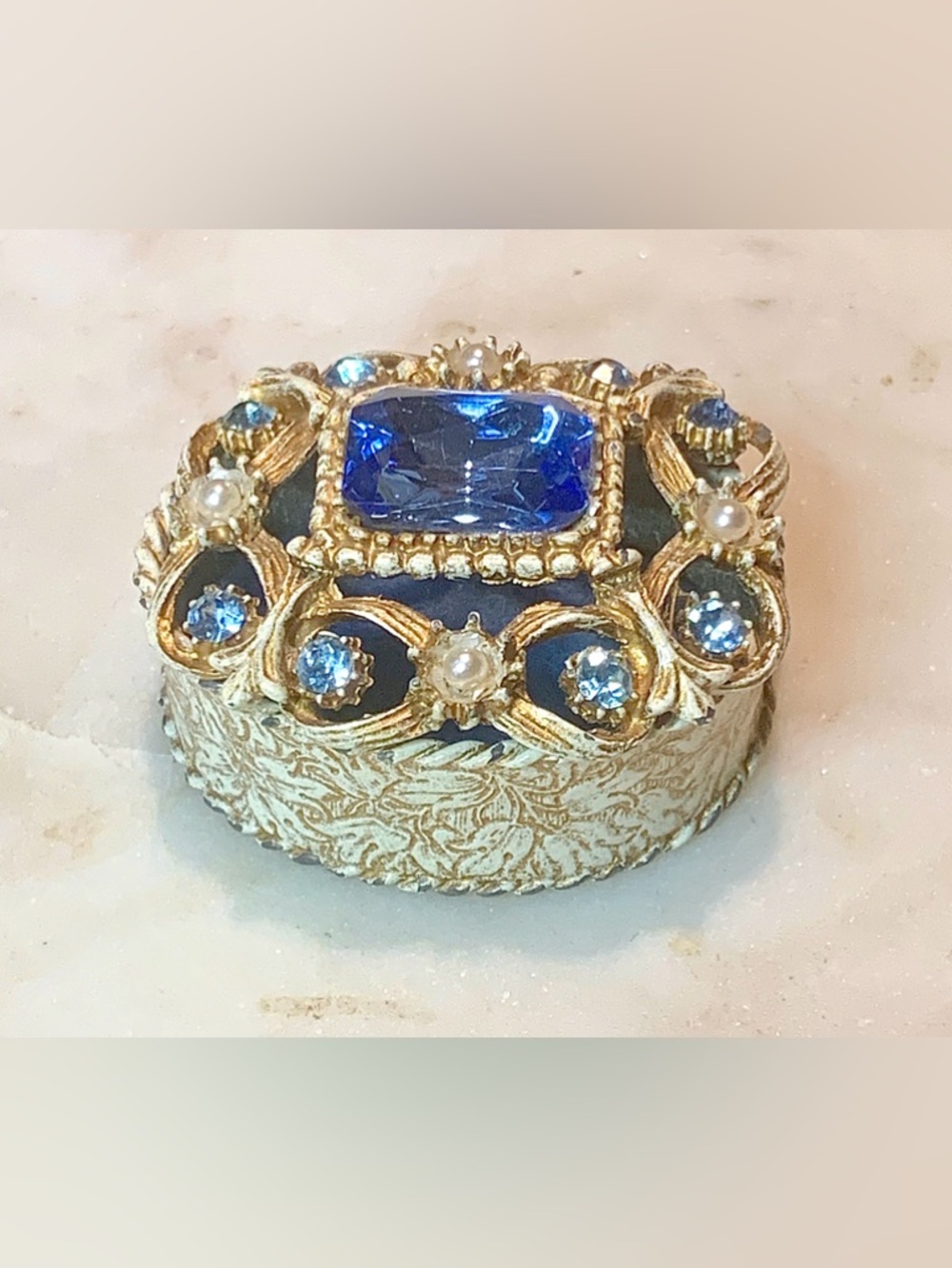 FLORENZA Trinket Pillbox VINTAGE Blue Glass Pearls Ornate Cream Gold Tone Metal